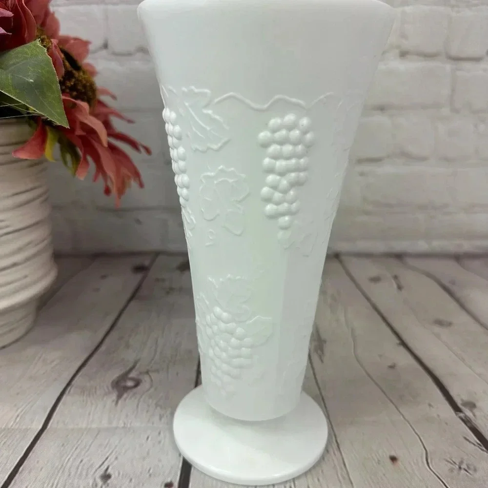 milk glass vase with grapes